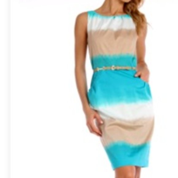 New Nine West Sleeveless Sheath Belted Dress - Turquoise Beige Cream - Picture 1 of 8